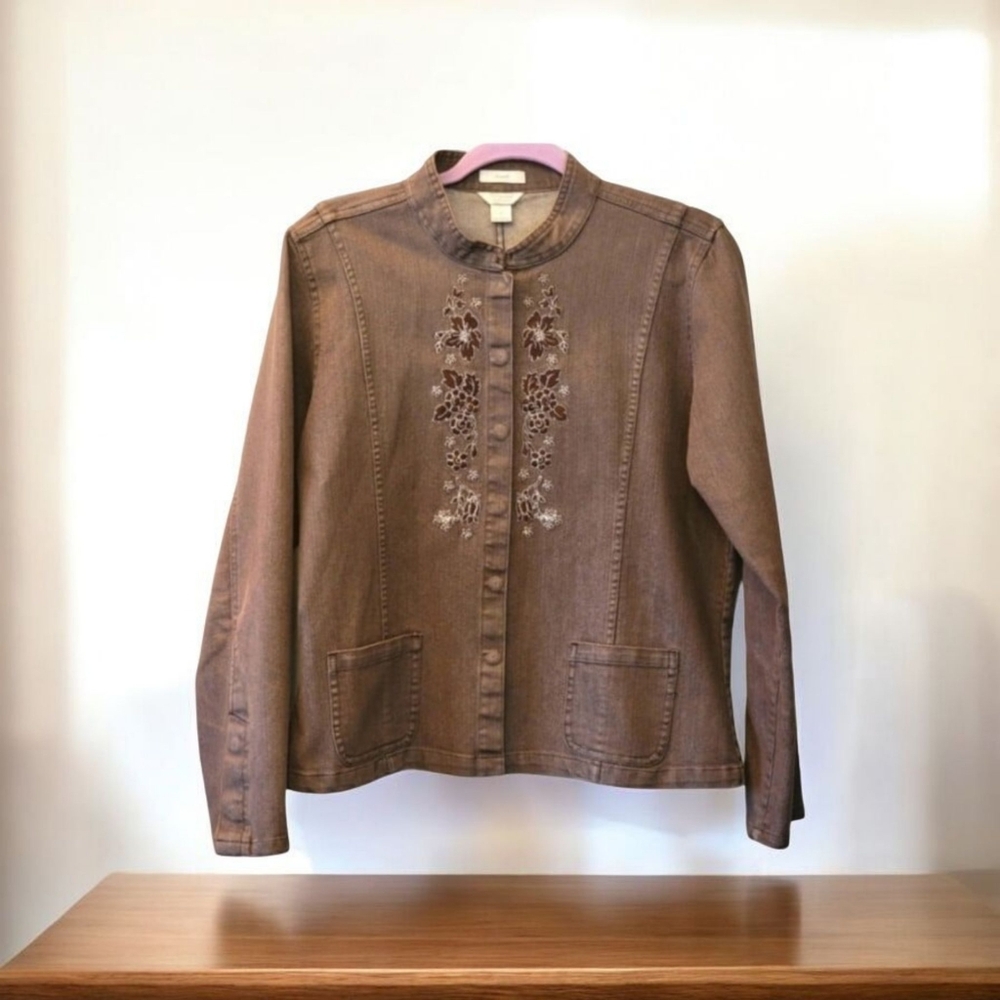 Christopher & Banks Brown Embroidered Denim Jacket Women’s Large